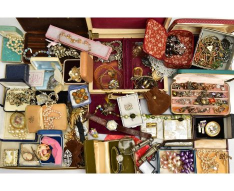 A BOX OF ASSORTED COSTUME JEWELLERY AND OTHER ITEMS, to include small jewellery boxes, beaded necklaces, yellow and white met