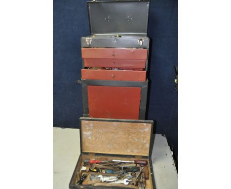 A METAL STORAGE CABINET/TOOLBOX comprising a three draw top box with opening lid above a single door cabinet with shelf conta