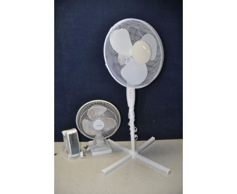 THREE FANS to include a unbranded 16in standing fan model No FS40-8JC, a Honeywell desk fan model No DT-12E and a Staywarm fa