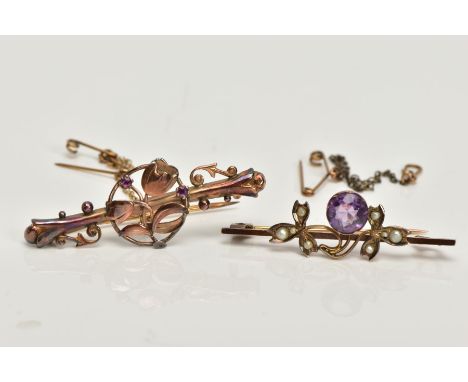 TWO EDWARDIAN 9CT GOLD GEM SET BAR BROOCHES, the first depicting circular shape rubies and tulip openwork panel, to the bead 