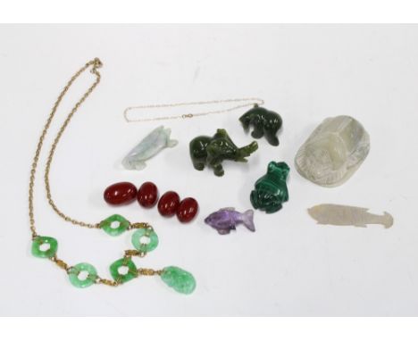 A jade necklace, collection of jade and hardstone animals, a soapstone scarab beetle and loose beads, etc (a lot)