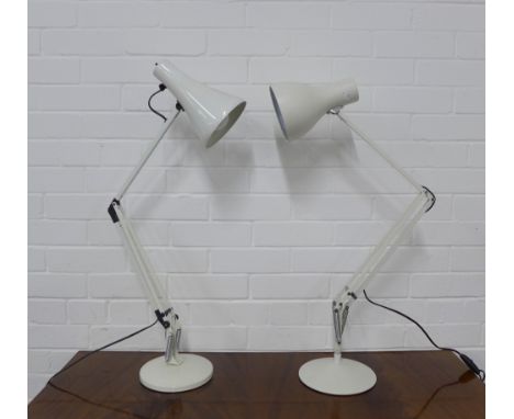 White metal anglepoise table lamp, 83cm full height, together with another white metal anglepoise style lamp, a/f with a scre