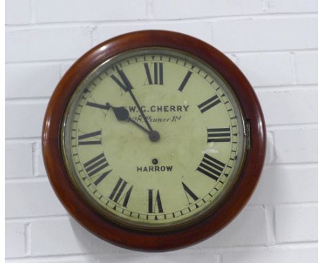 19th century mahogany wall clock, circular dial with roman numerals and inscribed T.W.G Cherry, Pinner Rd, Harrow, with pendu