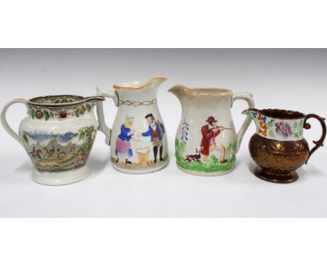 Chetham transfer printed Tiger Hunt pattern jug, Clyde Pottery Hunting Dog and Gun moulded jug,  a Bell of Glasgow Fishwives 