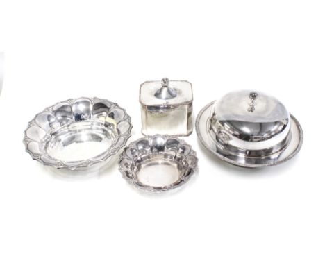 Epns wares to include a tea caddy, muffin dish and cover and two bowls