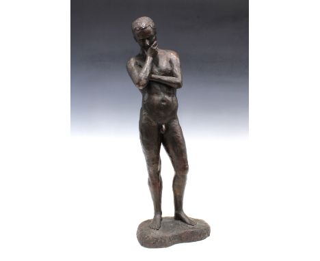 Bronze nude sculpture of a man in contemplation inscribed F.R. 2/9 on base, 67cm