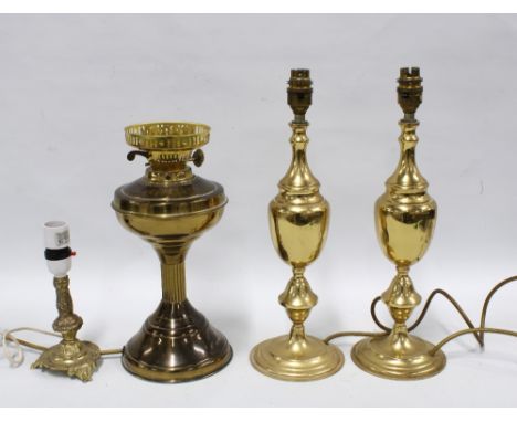 Pair of brass table lamps, 39cm together with a brass converted oil lamp and another small lamp (4)