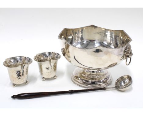 Georgian toddy ladle with a coin insert bowl, an Epns punch bowl with lion mask handles, 25cm diameter and a pair small Epns 