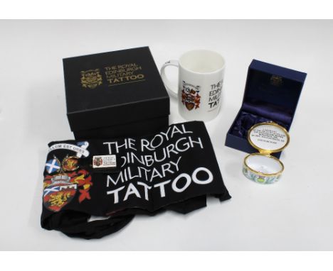 Royal Edinburgh Military Tattoo gift set, including a mug, tote bag and key ring with box, together with a thistle enamel tri
