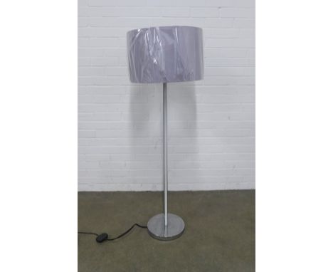 Modern chrome standard lamp, with grey shade which retains its plastic covering, 139cm high.