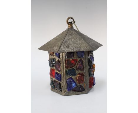 Hexagonal pewter lantern light, with rough embedded coloured glass, 23cm