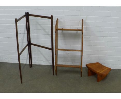 Mahogany towel rail together with a pine wall shelf and a stool. (3) 