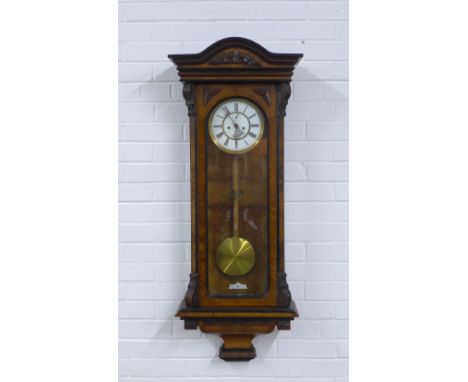Vienna style wall clock, with glazed front and large brass pendulum, 44 x 116cm