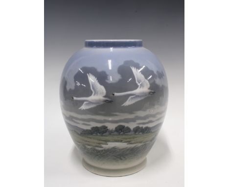 A large Royal Copenhagen porcelain vase, flying swans and landscape pattern,  printed factory marks and numbered 1955, 30cm h
