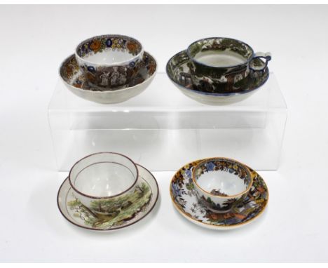Davenport polychrome enamelled pearlware teabowl and saucer together with two other pearlware teabowl and saucers one with sc