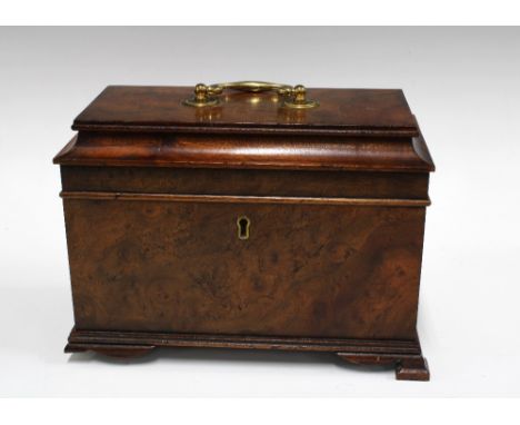 Burr wood caddy top box, with brass handle and escutcheon, one foot a/f,  27 x 19cm