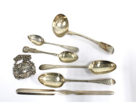 Silver double ended marrow scoop, London 1915,  Georgian silver sauce ladle, two Scottish Provincial  silver spoons with brig