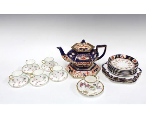 Wedgwood demitasse cups and saucers, Staffordshire imari pattern teapot on stand, various saucers and a Grafton China coffee 
