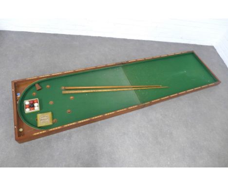 19th century mahogany cased folding bagatelle, with Bonzoline balls and cues