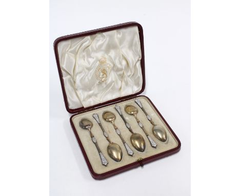 Cased set of six Norwegian silver gilt and enamel coffee spoons, (6)