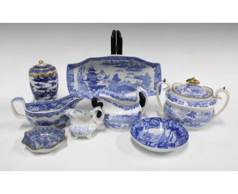 A Caughley blue and white 18th century porcelain caddy and cover, 10cm, together with a collection of blue an white transfer 