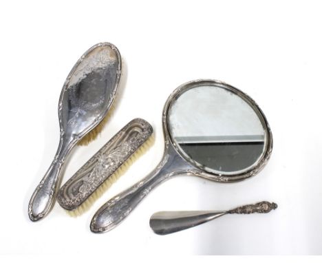 Chester silver back hand mirror and hairbrush, a silver backed clothes brush and a silver handled shoe horn (4)