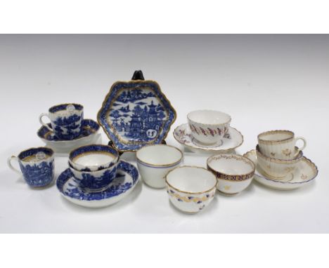 Caughley blue and white porcelain to include a   ‘Broseley’ pattern cup, teabowl and saucer, 'Temple' pattern saucer and teap