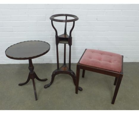Mahogany wash stand on tripod feet, 48 x 85cm, together with a pink velvet button upholstered stool,  45 x 53 x 38, and wine 
