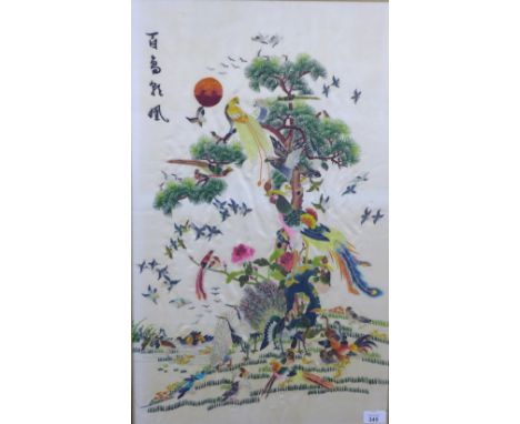 Chinese embroidery of birds, framed under glass, 43 x 71cm