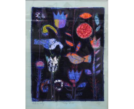 NATASHA STRONG, TULIP BIRDS 1989 embroidery, signed and framed under glass, 21 x 27cm