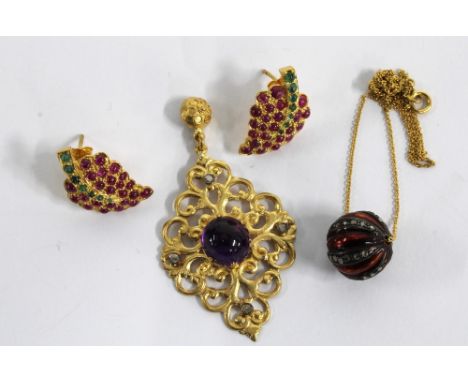 Gemset silver gilt jewellery to include a a pair of ruby and emerald earrings, on 14k gold posts, an amethyst pendant with fo