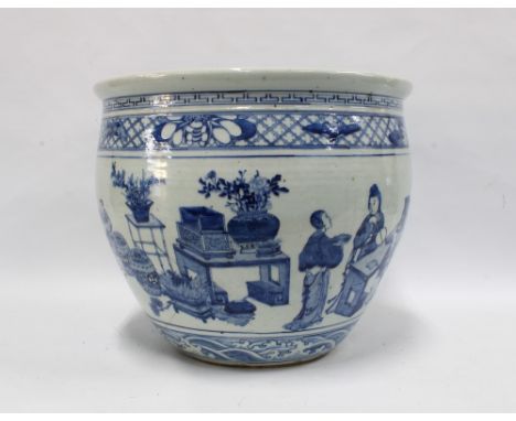 Chinese blue and white basin, decorated with ladies and boys in the garden, 41 x 34cm