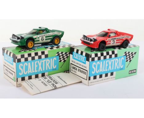 Two Boxed Spanish Scalextric Lancia Stratos Slot Cars,REF.4055, red body RN.3 and green body RN.6 ‘Marlboro’ both in excellen