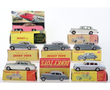 Eight Dinky Toys Rolls Royce Models,100 Lady Penelope’s FAB 1, original pink body, cast wheels, complete with original Lady P