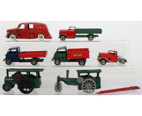 Six various Tri-ang Minic clockwork vehicles, 62ME pre-war Fire engine, 86M forward control tipper truck green/red, two 25M d