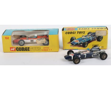 Two Boxed Vintage Corgi Toys Racing Cars, Cooper Maserati Formula 1 Racing Car, dark blue body, racing no ‘7’ white driver bl