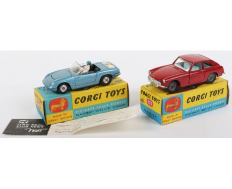 Two Boxed Corgi Toys Cars, 318 Lotus Elan S2. metallic blue, driver, spun wheel hubs ‘Ive got a tiger in my tank’ decal on bo