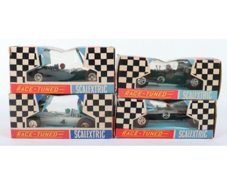 Four Boxed Scalextric Vintage Racing Cars Race Tuned, C5  Europa Vee, green body RN.5, C5 Europa Vee, white body, RN.4, C8 Lo