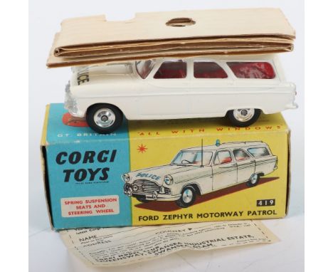 Corgi Toys 419 Ford Zephyr Police Motorway Patrol, white body, silver trim, red interior, shaped spun wheels, aerial, small r