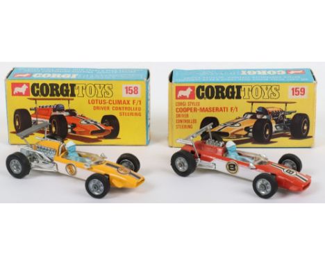 Two Boxed Vintage Corgi Toys Racing Cars, 158 Lotus Climax Formula 1 Racing Car, orange / white body, blue driver, controlled