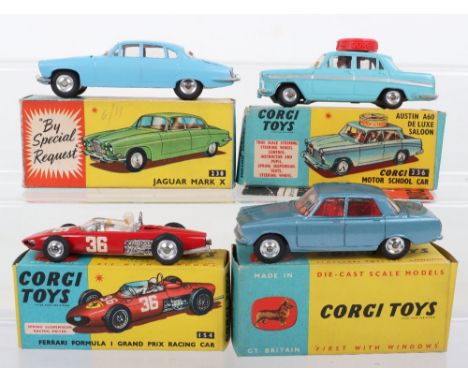 Four Boxed Corgi Toys,154 Ferrari Formula 1 Grand Prix Racing Car, red body, driver, no 36, spun wheel hubs, 236 Austin A60 D