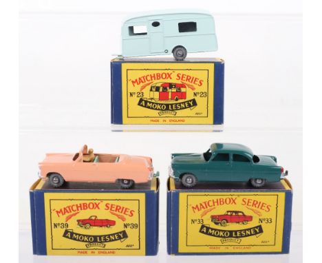 Three Matchbox Moko Lesney Regular Wheel Models, 23a Berkley Caravan, pale blue MBS23 On Tow decal, metal wheels, 33a Ford Zo
