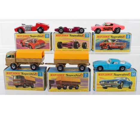 Six Boxed  Matchbox Lesney Superfast Models, 1e Mercedes Truck, gold body, orange canopy, narrow SF wheels,2d Mercedes Traile