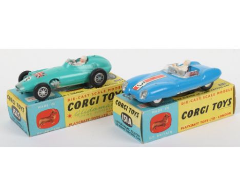 Two Boxed Vintage Corgi Toys Racing Cars, 151A Lotus Mark Eleven Le Mans Racing Car, blue body, red seats, driver, red/white 