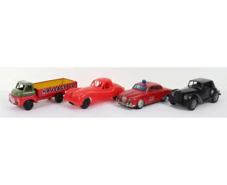 Plastic Tudor Rose XK150 Jaguar, red plastic body, tinplate friction motor Jaguar MKII Fire Chief Car, Wells Brimtoy Bedford 