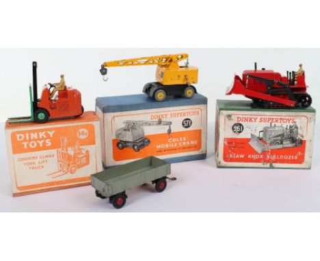 Three Boxed Dinky Toys, 14c Coventry Climax Fork Lift Truck, dark orange, green body/wheel hubs, tan driver, in orange/white 