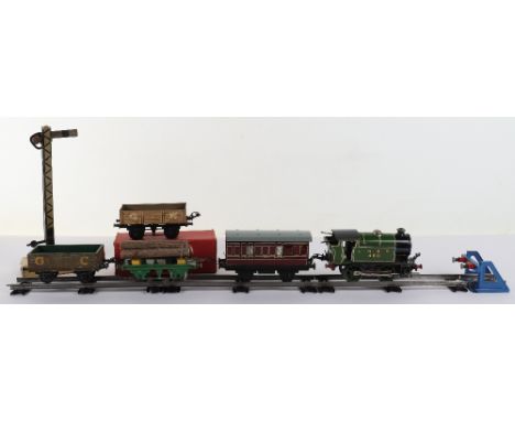 Hornby 0 gauge clockwork type 101 0-4-0 LNER tank engine, together with a LMS Guards van, boxed No.1 wagon, lumber wagon, buf