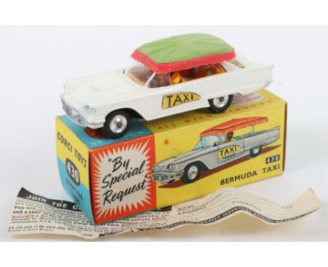 Corgi Toys 430 Ford Thunderbird Bermuda Taxi,&nbsp;white body ’Taxi’ labels, spun shaped wheel hubs, driver, red/green canopy