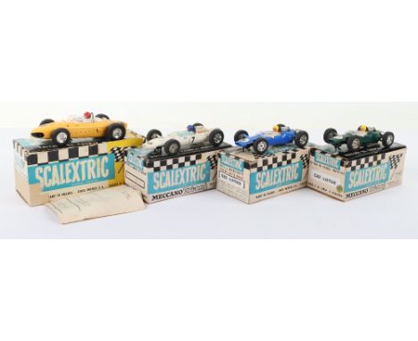 Four Boxed French Scalextric Racing Cars,C/62 sharp nose Ferrari, yellow body RN.8,with leaflet, C81 Cooper white body, RN.7,
