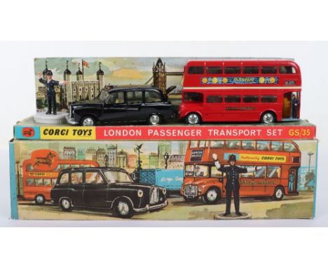 Corgi Toys Gift Set 35 London Passenger Transport Set, contains 418 Austin London Taxi Cab, black body, yellow interior, with